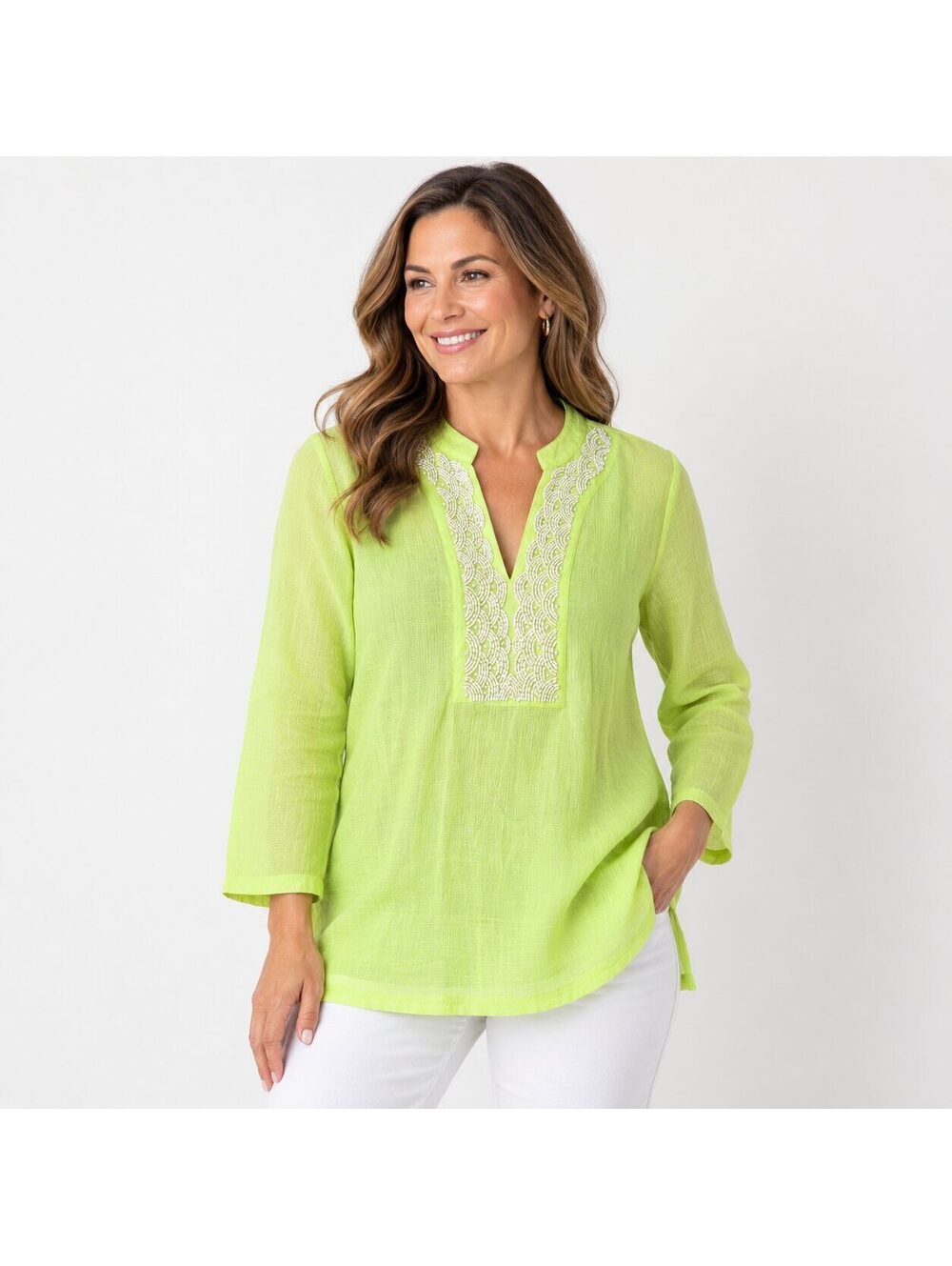 Chico's Lime Green Beaded Embroidered Tunic Top Size 2